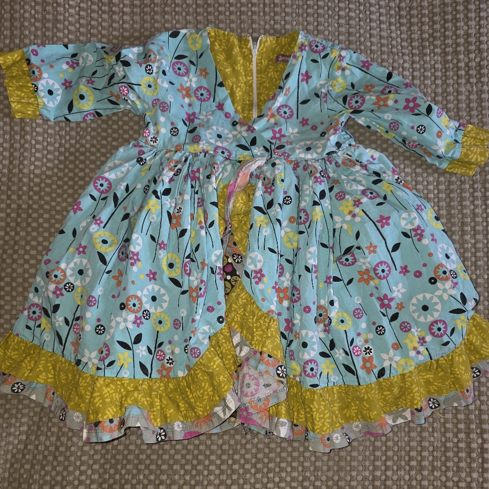 Jelly The Pug Yellow Blue Pink Brown Layered Floral Dress Size 4T